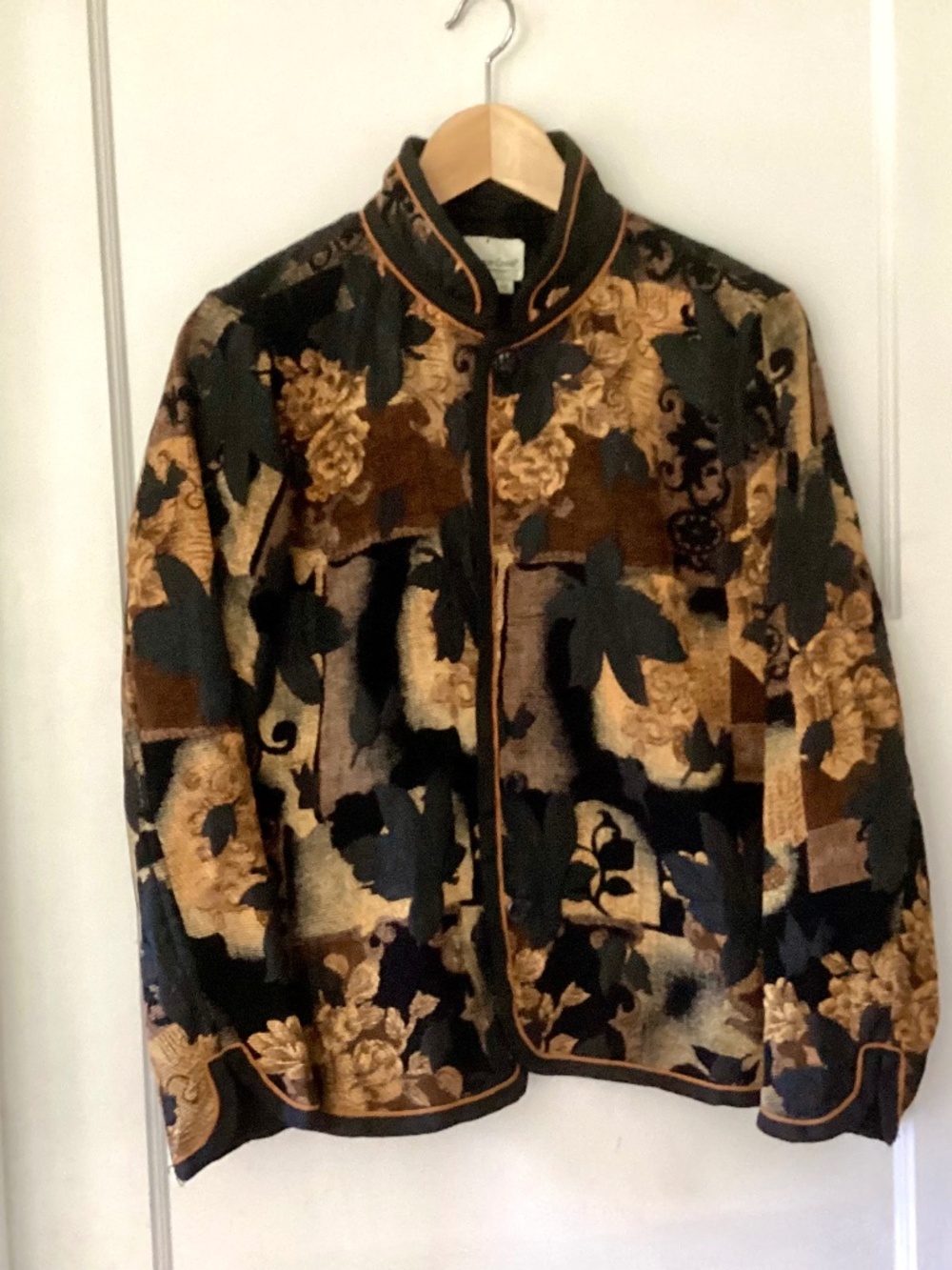 Coldwater Creek Patchwork Maple Leaf Reversible Jacket Black Brown Gold Petite S